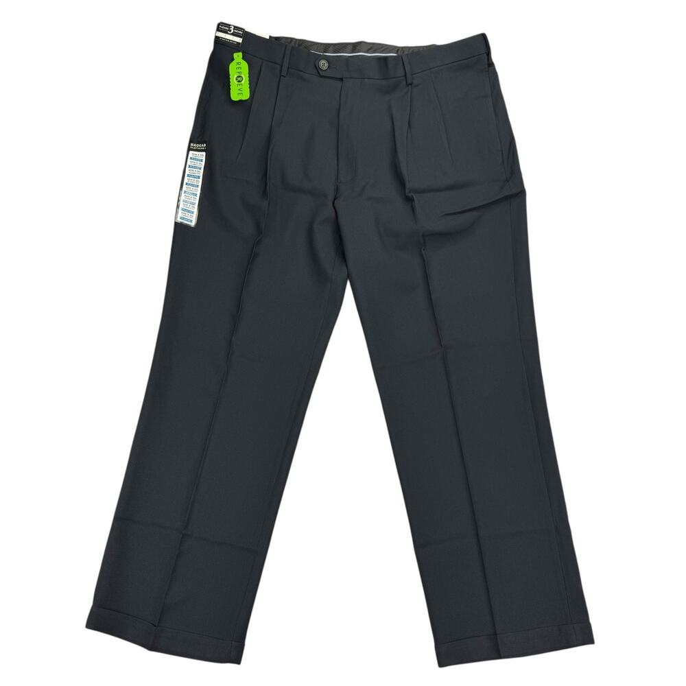 Haggar Mens ECLO Stria Classic Fit Pleated Cuffed Dress Pants Navy 42x30